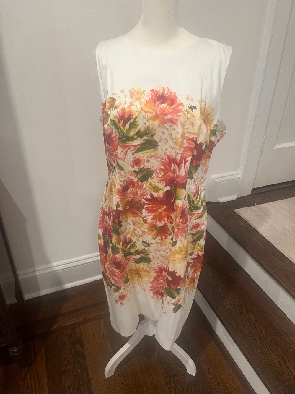 White Midi Dress with Pink, Red & Yellow Floral Print
